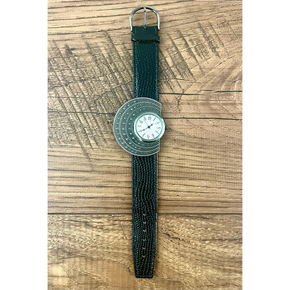 Vintage Art Deco Style Asymmetrical Watch Black Leather Strap Quartz Womens